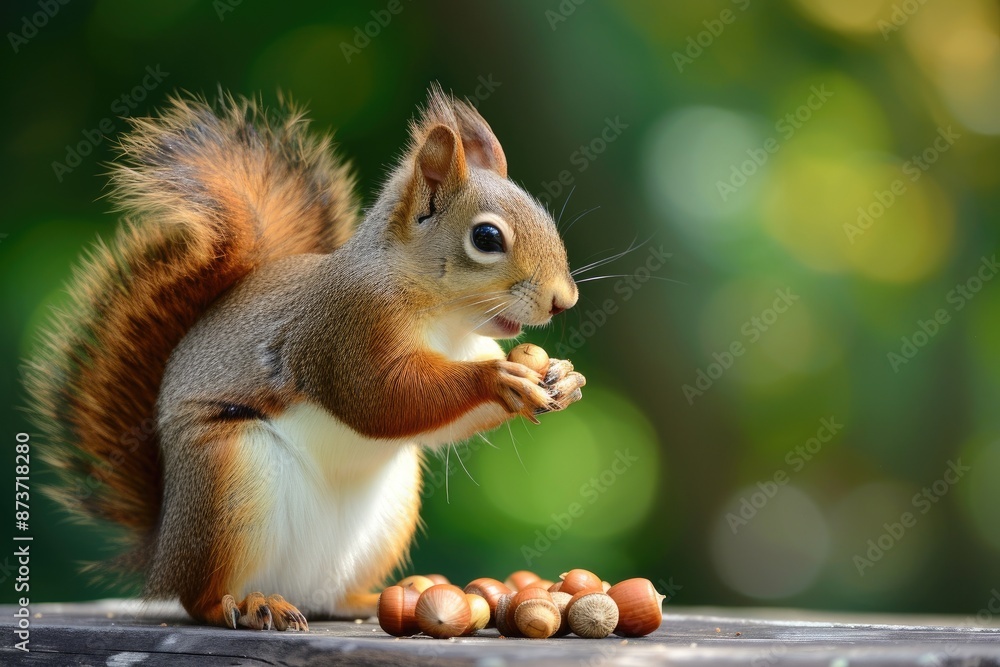 a squirrel is eating nuts on a table, mischievous squirrel with acorns in its paws a squirrel is eating nuts on a table, mischievous squirrel with acorns in its paws