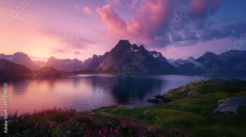 The landscape of the Lofoten Islands in Norway during summer at sunset is truly breathtaking.