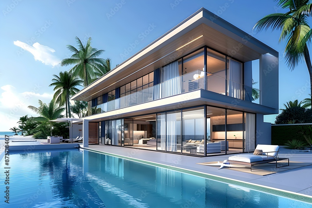 Fototapeta premium modern two story beach house with pool, 3d render, blue water, interior design, large windows and sliding doors, modern architecture, tropical setting, palm trees in background