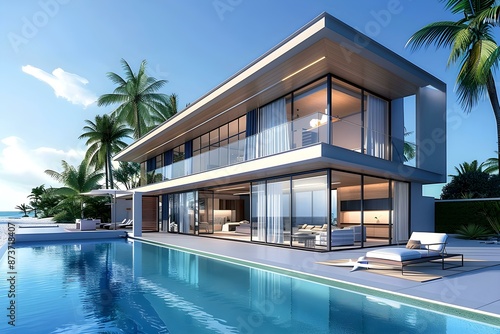 modern two story beach house with pool, 3d render, blue water, interior design, large windows and sliding doors, modern architecture, tropical setting, palm trees in background