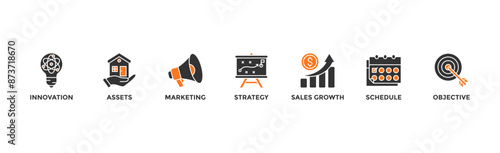 Business plan banner web icon illustration concept with icon of innovation, assets, marketing, strategy, sales growth, schedule, and objective	