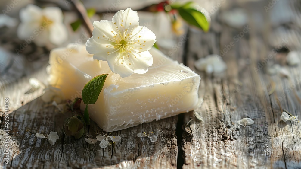 A piece of natural soap adorned with a flower, placed on an old wooden table, blending rustic aesthetics with the soothing and fragrant qualities of the soap. A piece of natural soap adorned with a flower, placed on an old wooden table, blending rustic aesthetics with the soothing and fragrant qualities of the soap.