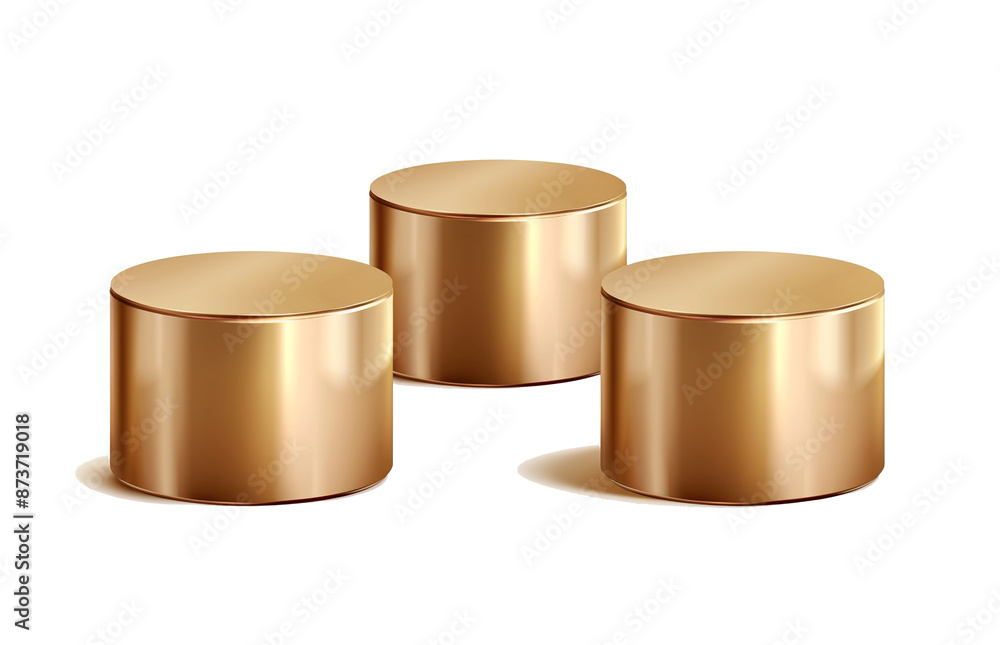 Golden empty product podiums. Three geometric metallic round shapes for product branding. Gold cylinder Golden empty product podiums. Three geometric metallic round shapes for product branding. Gold cylinder
