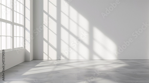 Empty white spacious room or bright studio with sunlight and shadows of window © Warisa