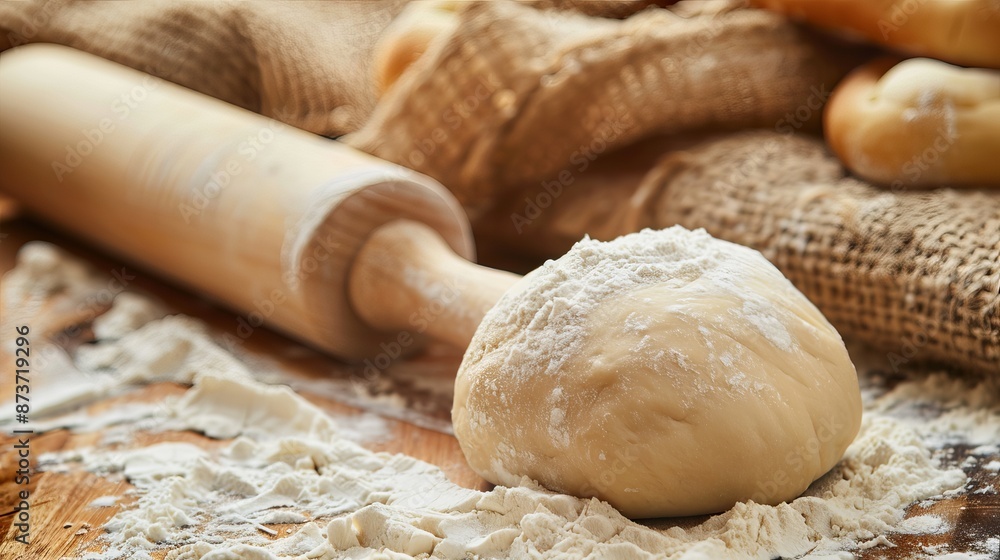 A rolling pin and dough, depicting the process of preparing pastry or bread dough for baking. A rolling pin and dough, depicting the process of preparing pastry or bread dough for baking.