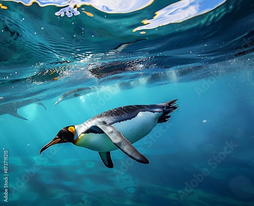 Underwater diving emperor penguin enjoying the sea