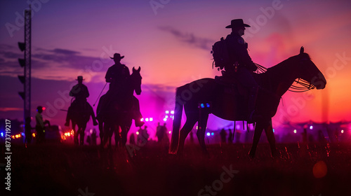 Mounted police unit patrolling the perimeter of a large outdoor music festival