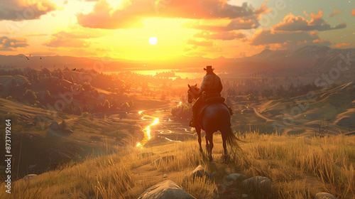 Officer on horseback patrolling a vast rural landscape during a serene sunset © seksun
