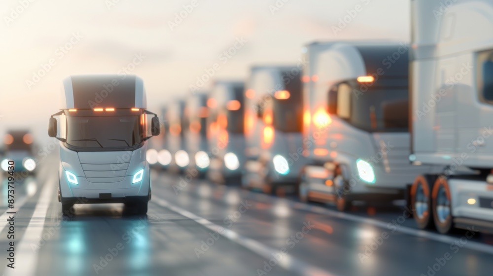 Futuristic electric semi-truck convoy on a highway at sunrise, showcasing autonomous driving technology and eco-friendly transportation solutions. Futuristic electric semi-truck convoy on a highway at sunrise, showcasing autonomous driving technology and eco-friendly transportation solutions.