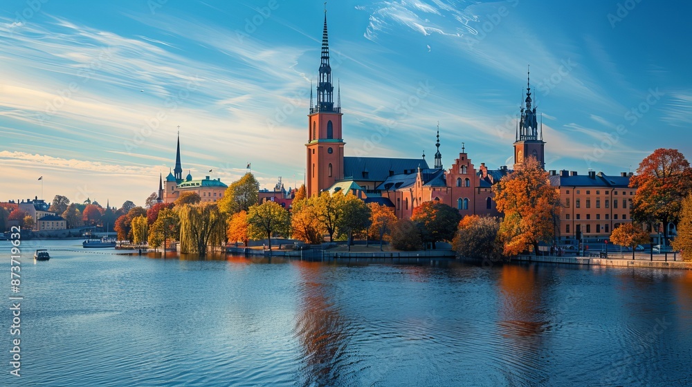 Fototapeta premium Riddarholm Church (Riddarholmskyrkan) in Stockholm, Sweden, is a historic landmark known for its stunning Gothic architecture and royal tombs.