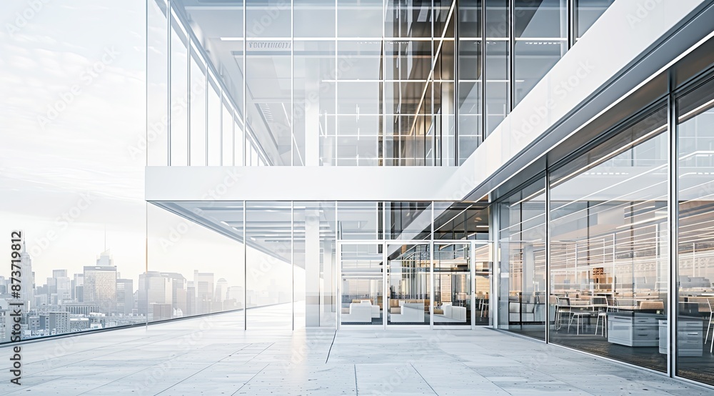 Obraz premium Modern Office Building with Glass Windows Overlooking City Skyline, Featuring Contemporary Architecture and Urban Landscape. Clear Sky and Detailed Skyscrapers in the Distance.