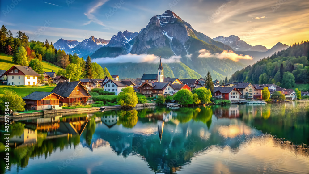 Fototapeta premium Serene lakeside village surrounded by lush greenery and majestic mountain range in the background, creating a breathtaking and idyllic morning atmosphere.