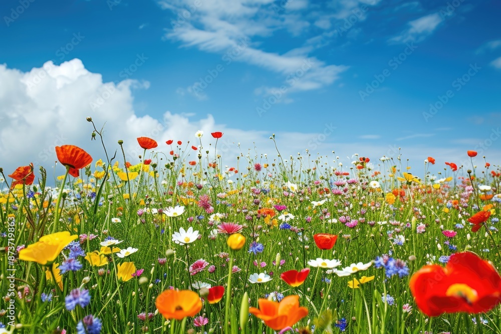 a field of flowers with a blue sky in the background, vibrant field of blooming flowers under a clear blue sky a field of flowers with a blue sky in the background, vibrant field of blooming flowers under a clear blue sky