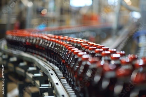 Shallow depth of field image of a beverage bottling line with red capped bottles