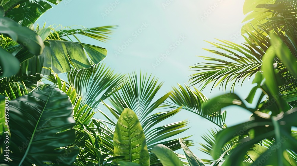 Fototapeta premium Tropical green jungle plants and lush leaves set against a clear blue sky on a summer day, creating a vibrant and refreshing natural backdrop. 