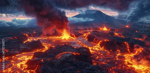Aerial View of a Volcano Erupting at Night With Lava Flowing Down the Mountai...