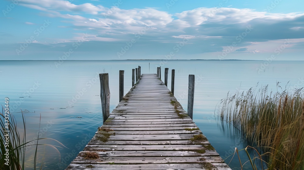Fototapeta premium A wooden pier extending into the waters at Vorupør in National Park Thy, Thisted, North Sea, North Jutland, Denmark.