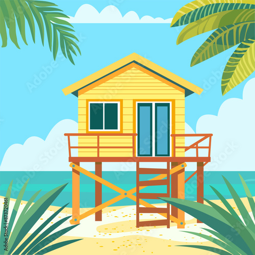 Cartoon beach house. Shack house on beachfront, bungalow country building cottage in caribbean. A hut by the ocean, summer. Thailand acation. Hawaii resort.