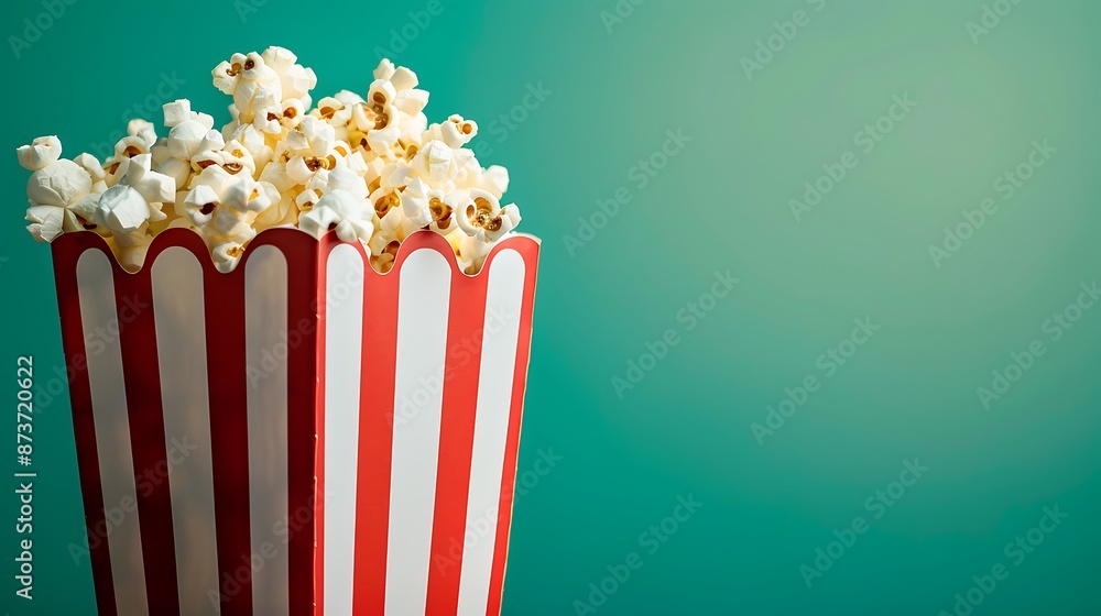 Popcorn in the red and white box on spring green background Popcorn in the red and white box on spring green background