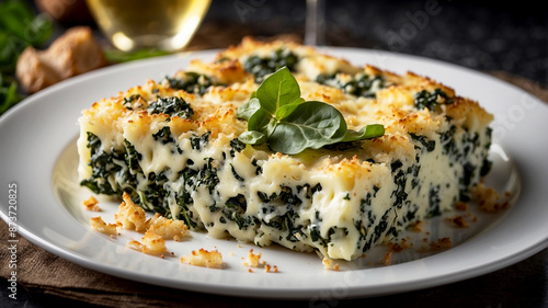 spinach and cheese bake on a white plate, garnished with a sprinkle of freshly grated Parmesan and a sprig of parsley