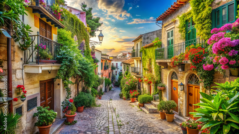 Fototapeta premium Vibrant cityscape captures warm summer atmosphere, with ancient architecture, paved streets, and lush greenery, perfect for a young tourist's exciting summer exploration adventure.