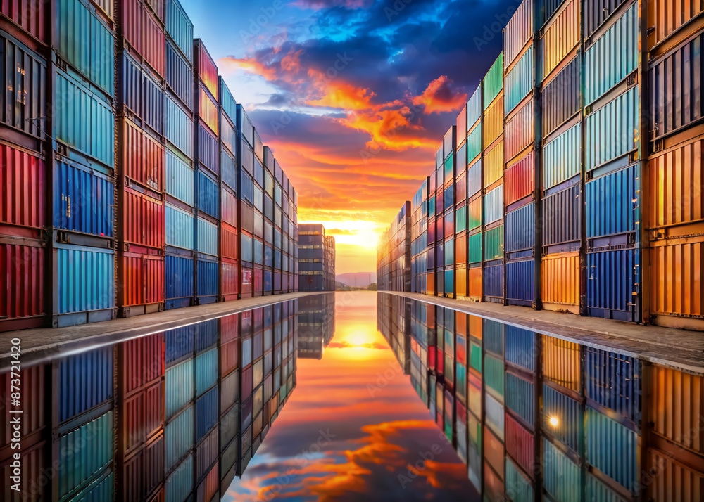 Fototapeta premium Vibrant dawn breaks over a pathway lined with illuminated shipping containers, casting kaleidoscope reflections on a wet surface, symmetrical rows stretching into the horizon.
