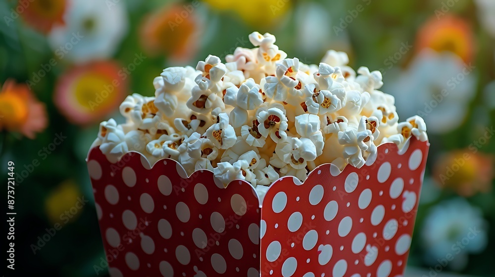 Popcorn in the red and white box between the flower Popcorn in the red and white box between the flower