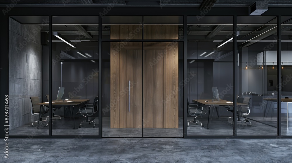 Modern Office Interior Design with Glass Walls and Wooden Door Modern Office Interior Design with Glass Walls and Wooden Door