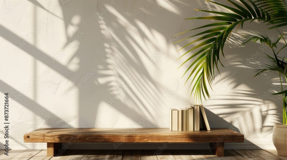 Wooden Bench with Palm Tree and Sunlight Wooden Bench with Palm Tree and Sunlight