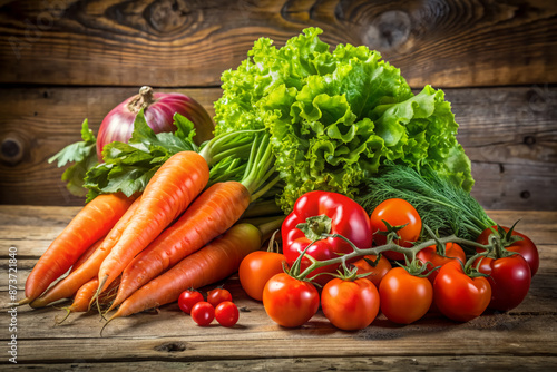 Vibrant fresh vegetables, including juicy tomatoes, crisp lettuce, and plump carrots, artfully arranged on a rustic wooden background, showcasing a bountiful harvest. photo