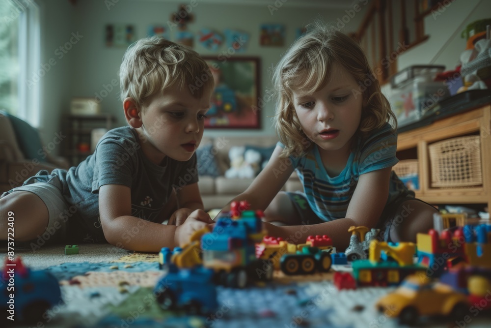Two young children playing with colorful building blocks and toy vehicles on the floor of a cozy playroom. Two young children playing with colorful building blocks and toy vehicles on the floor of a cozy playroom.
