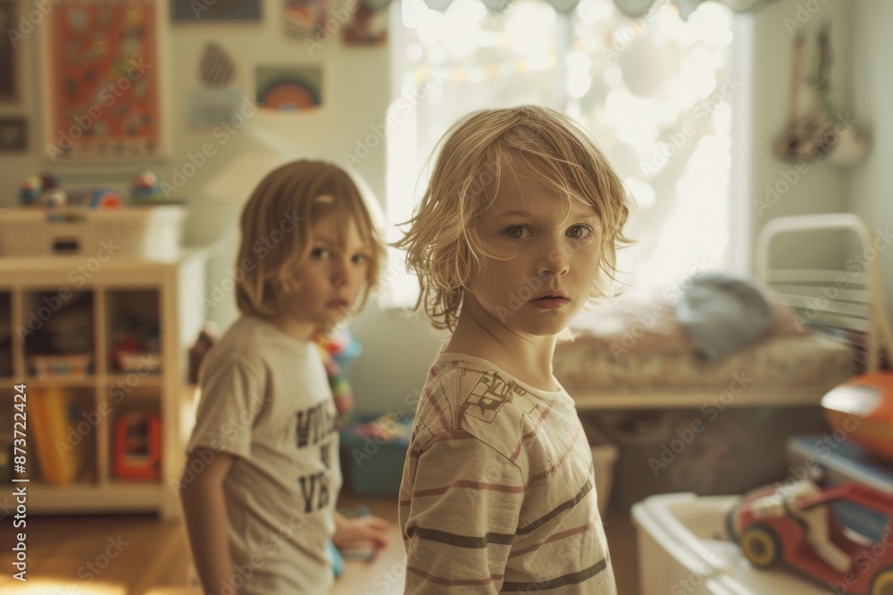 Two young children in a playroom, looking at the camera with serious expressions. Sunlight streams through a window behind them. Two young children in a playroom, looking at the camera with serious expressions. Sunlight streams through a window behind them.
