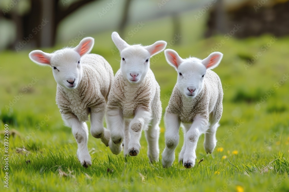 two sheep running in a field of grass, Lambs playing together on a farm two sheep running in a field of grass, Lambs playing together on a farm
