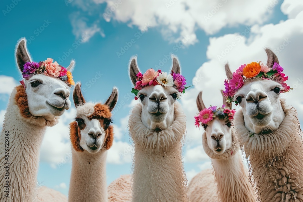 Fototapeta premium three llamas with flowers on their heads, Llamas posing with flower crowns