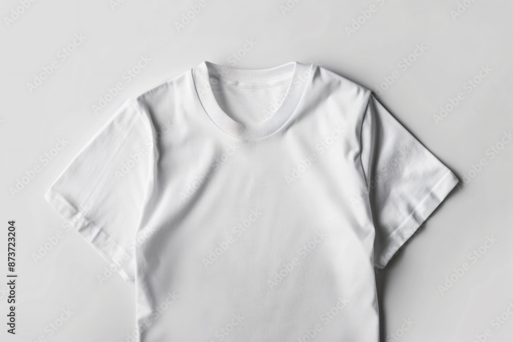 White t-shirt folded on white background, top view, mockup template for design presentation, flat lay. Mock up of blank plain T shirt for print and logo advertising concept. Flat lay, top down view White t-shirt folded on white background, top view, mockup template for design presentation, flat lay. Mock up of blank plain T shirt for print and logo advertising concept. Flat lay, top down view