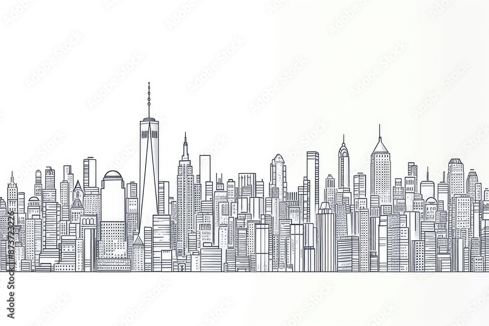 a drawing of a city skyline with skyscrapers, Minimalist line art illustrations of cityscapes or buildings a drawing of a city skyline with skyscrapers, Minimalist line art illustrations of cityscapes or buildings