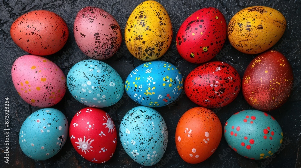 Colorful speckled Easter eggs arranged on a dark textured background Colorful speckled Easter eggs arranged on a dark textured background