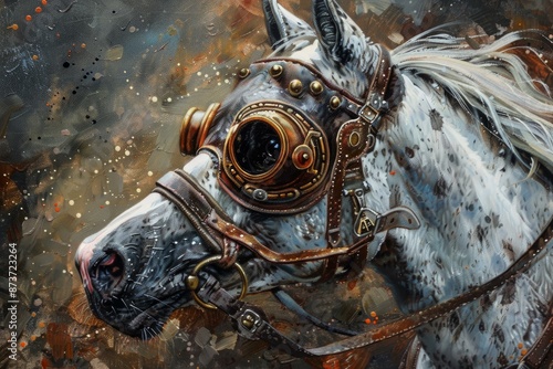 Artistic depiction of a white horse adorned with steampunkstyle goggles and bridle photo