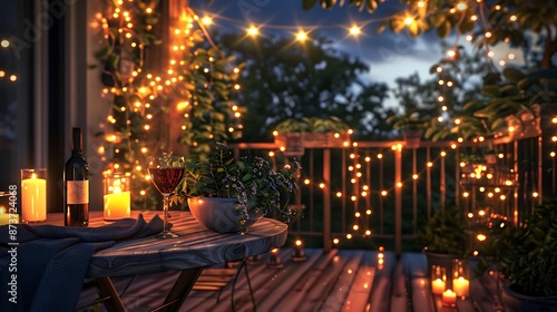 Summer evening terrace with candles wine and lights