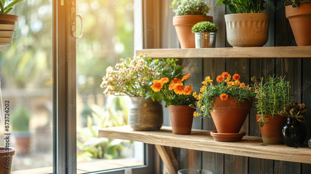A cozy corner of a home featuring a wooden shelf with potted flowering plants, highlighting how wood and flowers can bring warmth and life to interior spaces A cozy corner of a home featuring a wooden shelf with potted flowering plants, highlighting how wood and flowers can bring warmth and life to interior spaces