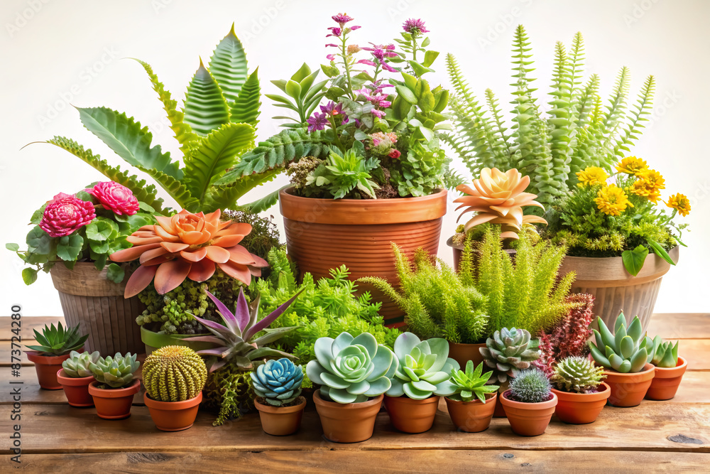 Colorful arrangement of potted plants, including succulents, ferns, and flowers, grouped together on a wooden table, creating a lush and vibrant still life setting. Colorful arrangement of potted plants, including succulents, ferns, and flowers, grouped together on a wooden table, creating a lush and vibrant still life setting.