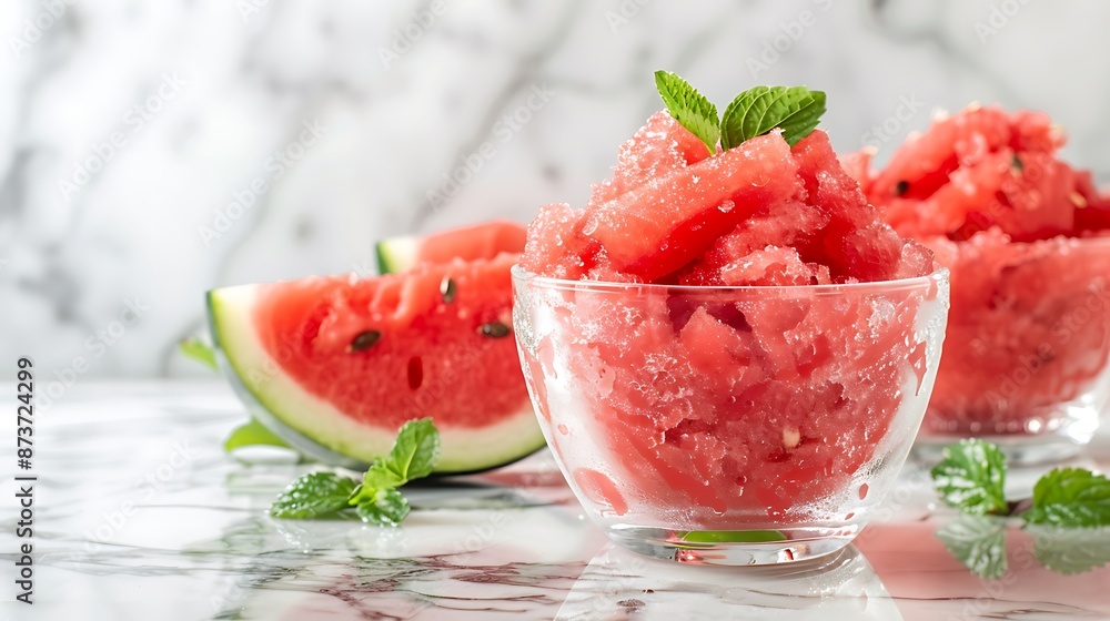 Watermelon granita glass cup on marble table with watermelon slice Watermelon granita glass cup on marble table with watermelon slice
