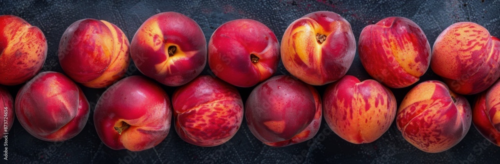 Fresh Ripe Peaches Arranged In A Row On A Dark Surface Fresh Ripe Peaches Arranged In A Row On A Dark Surface