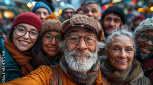 A bunch of pals in a city square, varying in age, gender, and ability, sharing a selfie