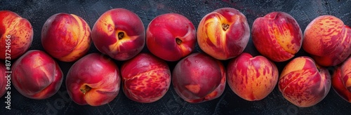 Fresh Ripe Peaches Arranged In A Row On A Dark Surface