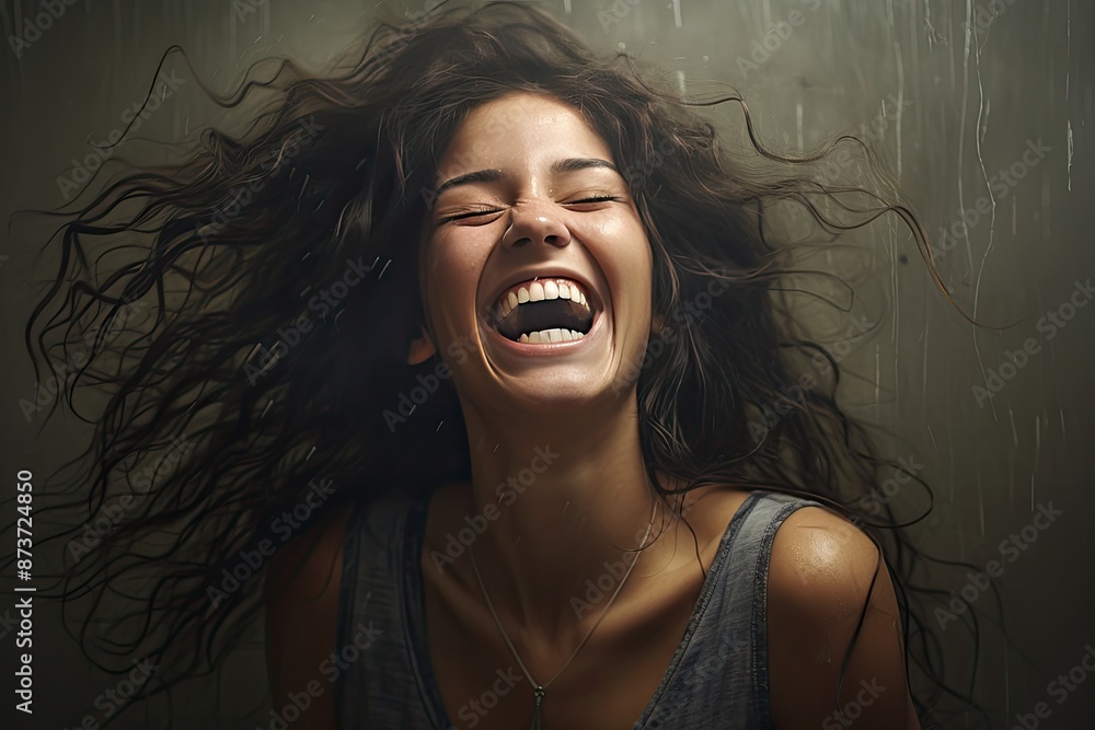 a woman with long hair laughing and holding a cell phone, Woman laughing wholeheartedly, spreading contagious happiness a woman with long hair laughing and holding a cell phone, Woman laughing wholeheartedly, spreading contagious happiness