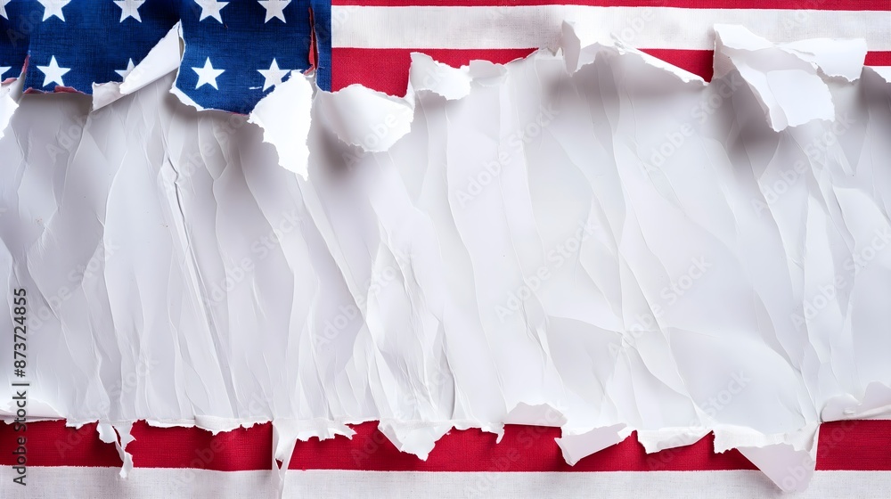 A torn piece of paper with the American flag on it. The paper is ripped in half and the flag is partially covered. A torn piece of paper with the American flag on it. The paper is ripped in half and the flag is partially covered.