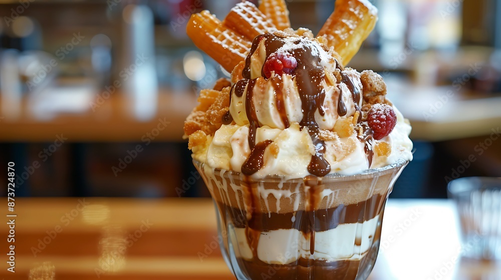 Fototapeta premium Yummy churro sundae with ice cream in resturent