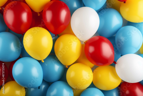 Colorful inflated balloons in yellow, red, blue, and white, perfect for parties, celebrations, and festive occasions.