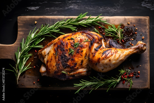 A close-up of a golden-brown roasted chicken half, glistening with flavorful juices. The crispy skin contrasts with the tender, succulent meat. Perfect for food blogs, recipes, or restaurant menus